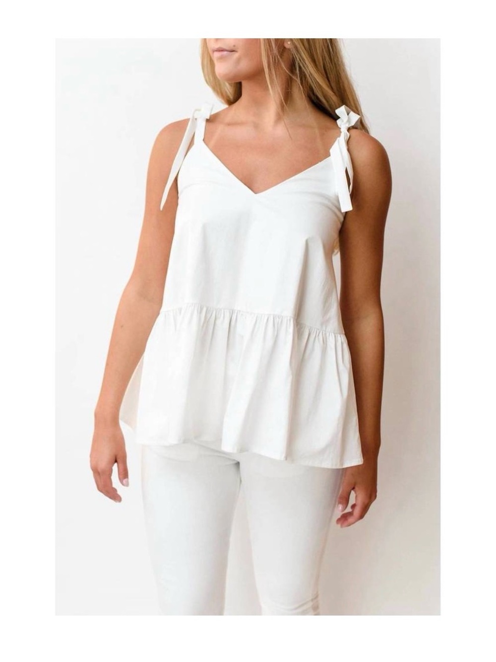 $168 MONICA NERA White Tie-Shoulder V-Neck Peplum Tank